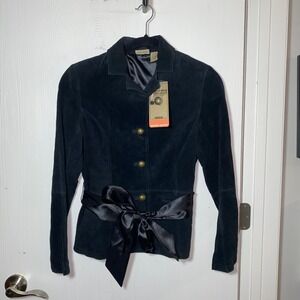 Nwt Ruff Hewn Womens Black Suede Leather Jacket Satin Ribbon Tie Button Front M